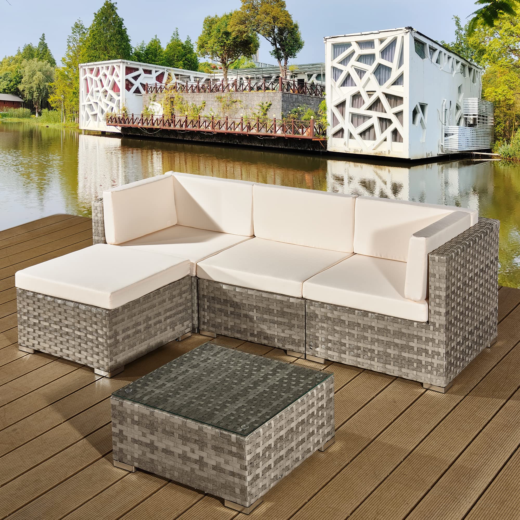 ASOWNSUN Rattan Garden Furniture Sets 4 Seater Patio Sofas with Coffee Table, Cushions, All-weather Outdoor Corner Sofa Patio Conversation Sets,Outdoor Furniture Sets Table Sofa Chair