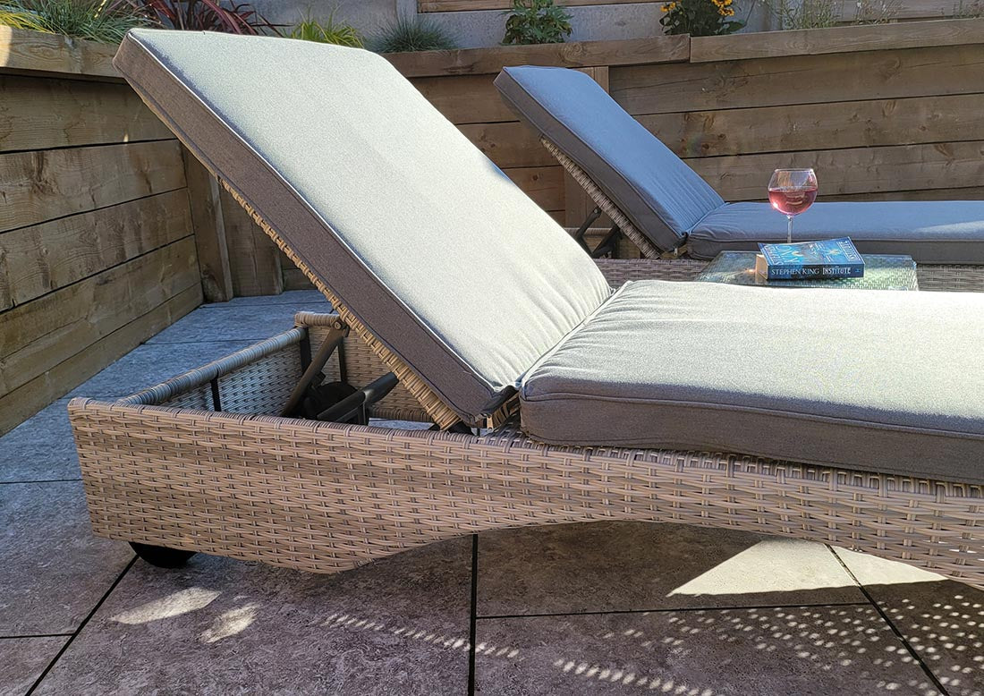 RATTAN SUN LOUNGERS WITH DRINKS TABLE - GREY - MEGHAN RANGE