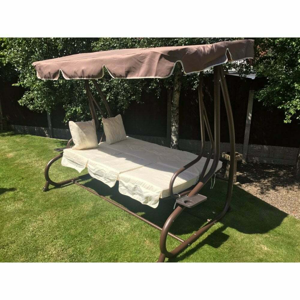 Somerset 3 Seat Swing Hammock Bed Heavy Duty Garden Bench Patio Brown Cream Seat