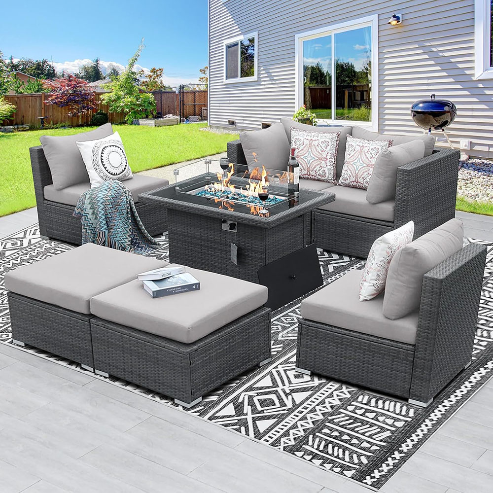 BULEXYARD Grey PE Wicker Patio Furniture Sectional Conversation Sofa Set