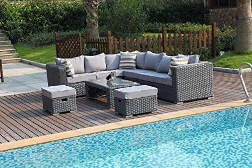 YAKOE 50020 Papaver Conservatory Modular 9 Seater Rattan Corner Garden Sofa Furniture Set - Grey