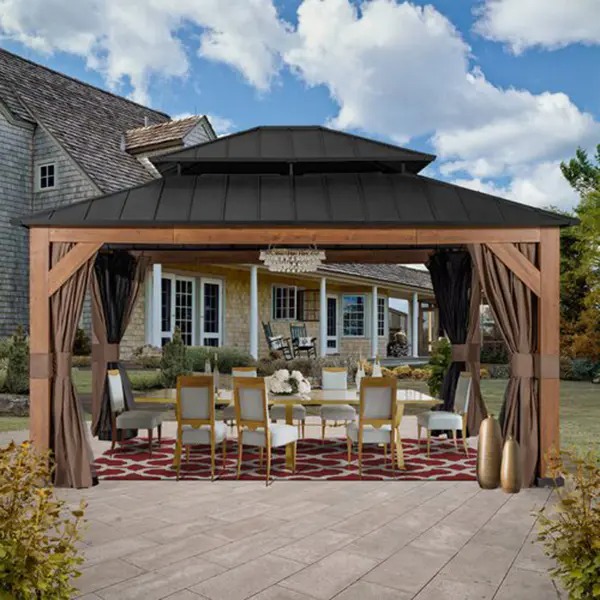 【Gazebo】【BS】13'x15' Cedar Wood Gazebo, Outdoor Double Roof Hardtop Gazebo