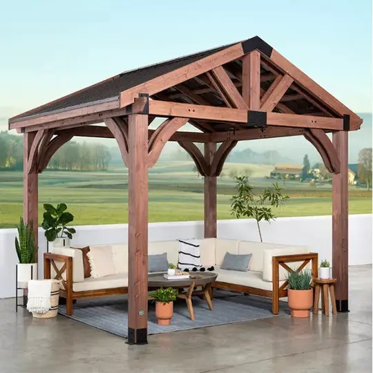 【Gazebo】【BS】10 x 12 ft. Solid Wood Patio Gazebo, Premium Cedar Framed Gazebo for Garden, Patio, Backyard