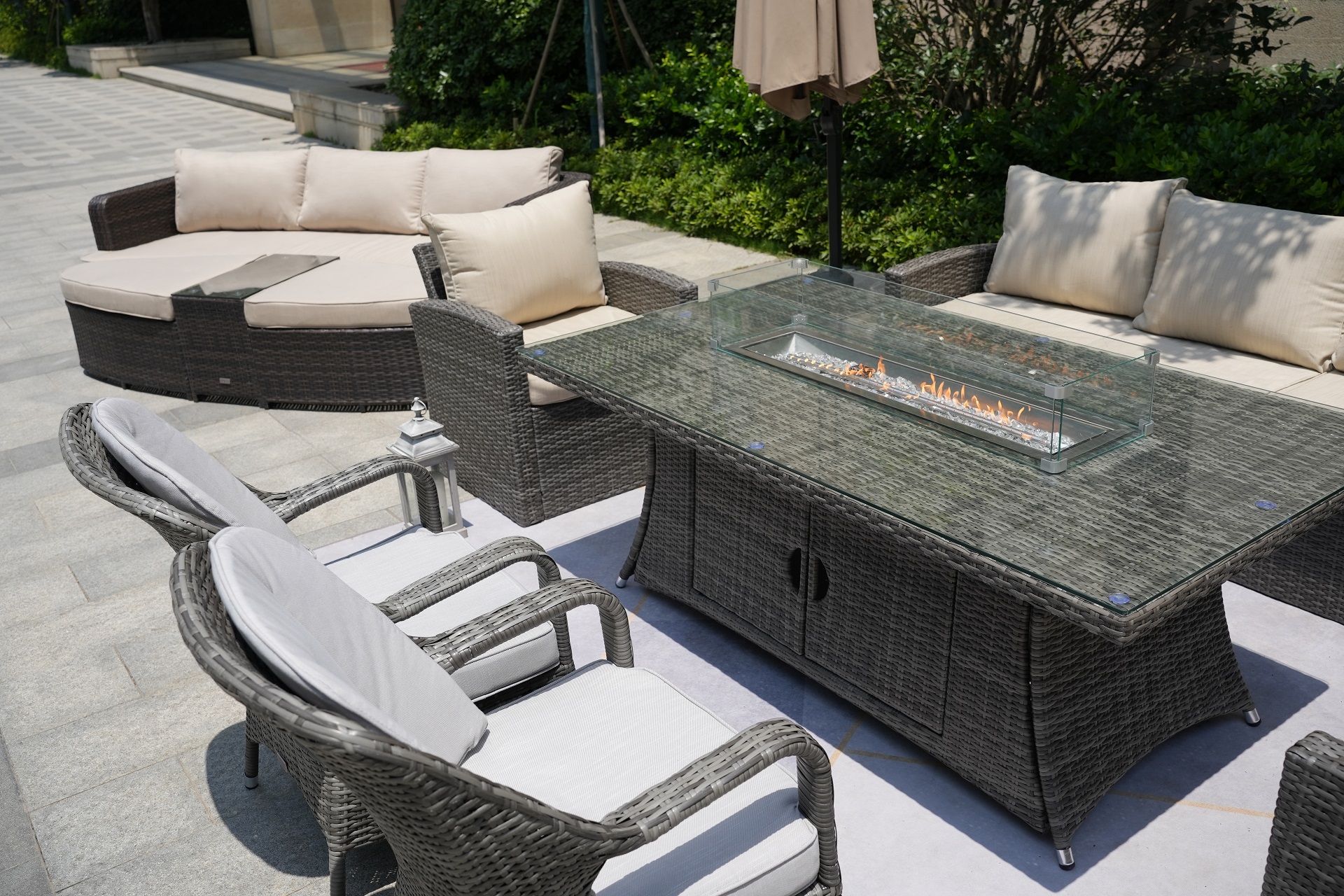 Wicker Patio Gray Wicker Conversational Seating Set with Rectangular Glass Fire Pit Table and Back Chair (Patio Set Option)