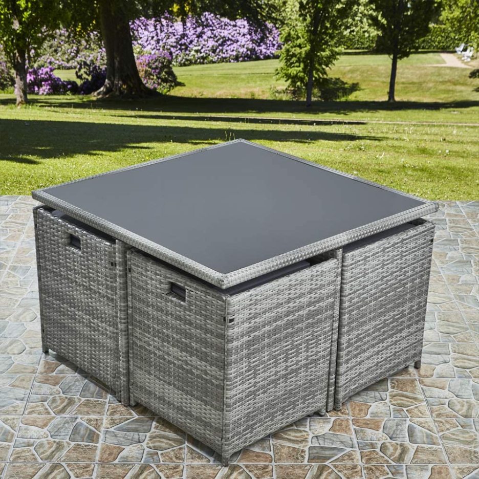RayGar Deluxe 9 Piece 8 Seater Rattan Cube Dining Table Garden Furniture Patio Set (Grey/Black)