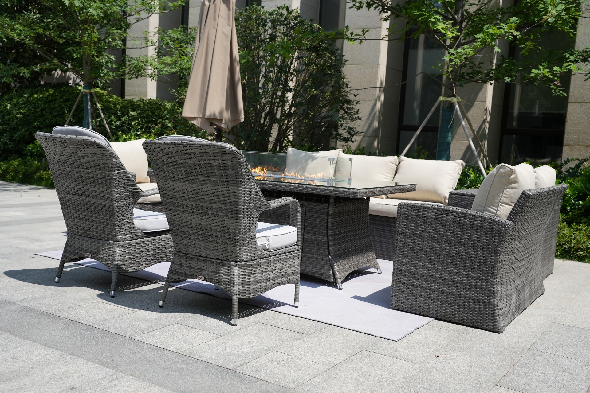 Wicker Patio Gray Wicker Conversational Seating Set with Rectangular Glass Fire Pit Table and Back Chair (Patio Set Option)