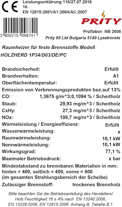 Wood Burning Cooking Stove With Oven,1P34,10 kw [Energy Class A]